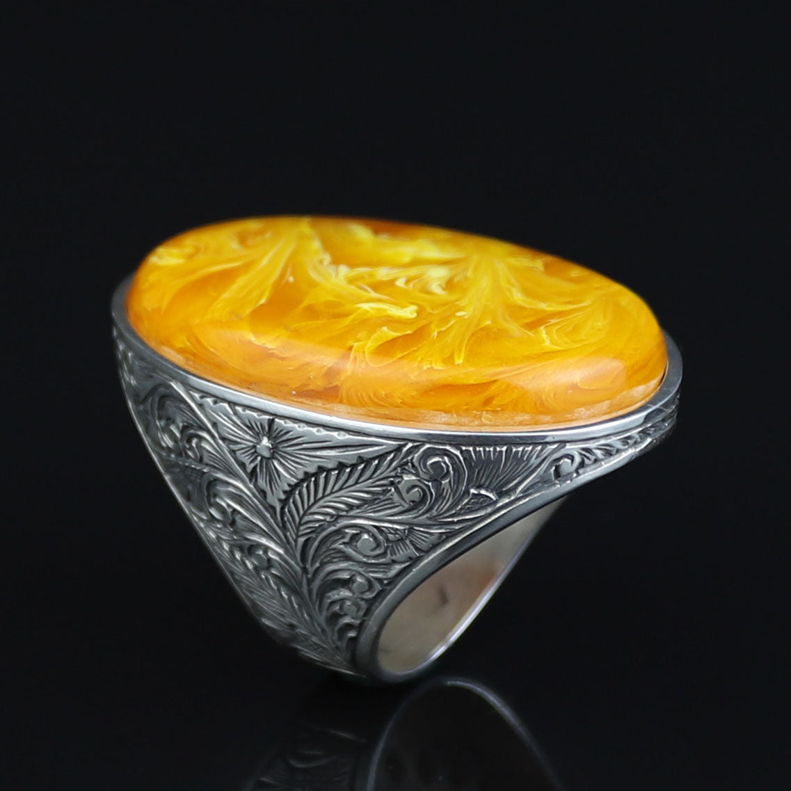 Silver Baltic Amber Ring , Handmade Unisex Large Amber Stone Ring , Turkish Silver Ring , Ottoman Style Embroidered Men's Ring
