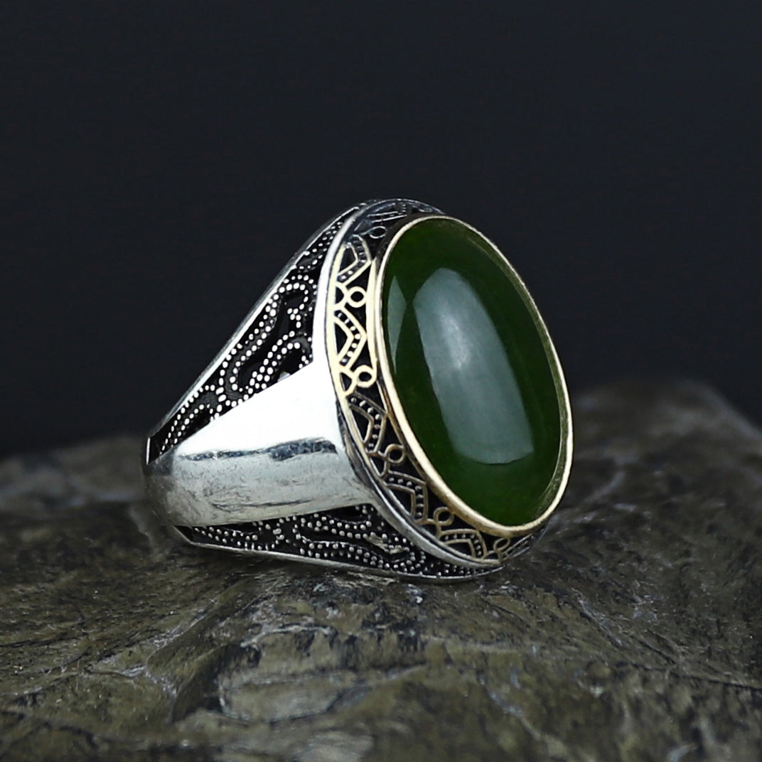 925 Silver Men Turkish Handmade Natural Canadian Green Jade Stone Ring