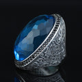 Men Silver Large Aquamarine Stone Ring,Big Man Blue Zircon Stone Ring , Ottoman Style Ring, Turkish Handmade Sterling Silver