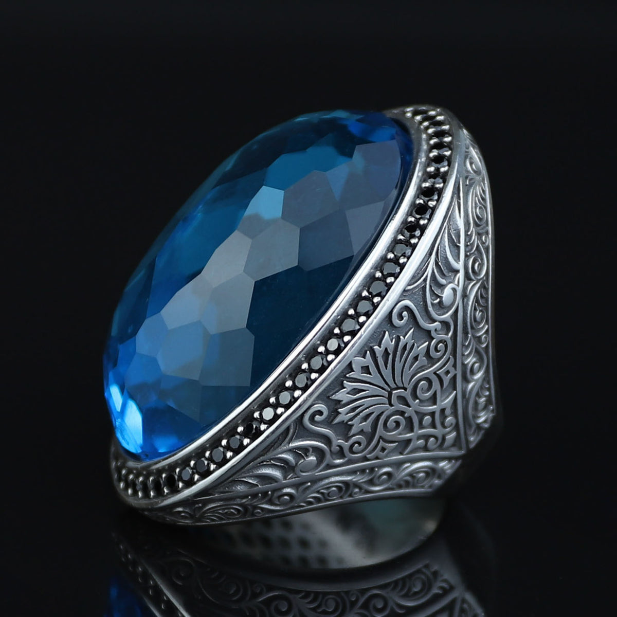 Men Silver Large Aquamarine Stone Ring,Big Man Blue Zircon Stone Ring , Ottoman Style Ring, Turkish Handmade Sterling Silver