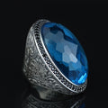 Men Silver Large Aquamarine Stone Ring,Big Man Blue Zircon Stone Ring , Ottoman Style Ring, Turkish Handmade Sterling Silver