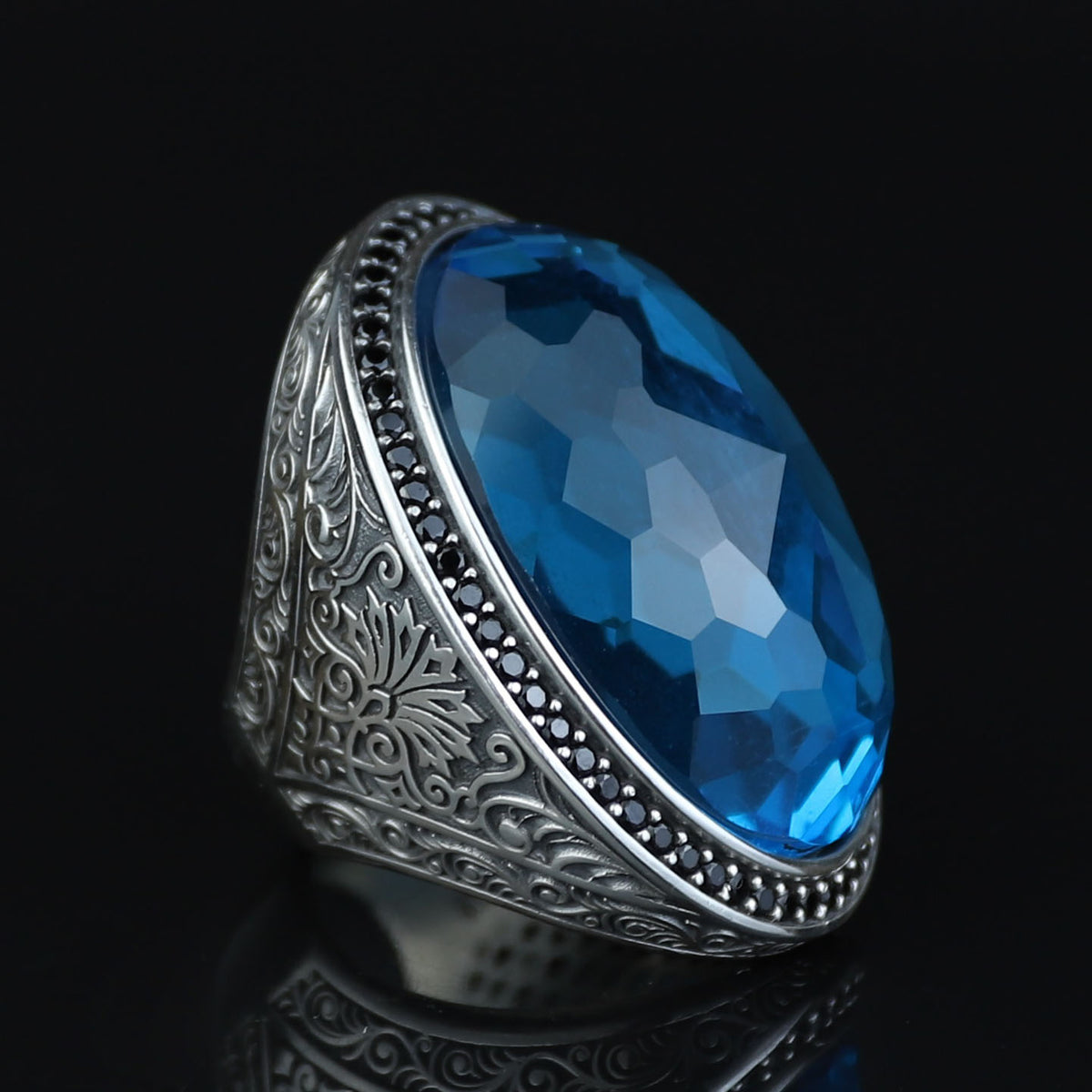Men Silver Large Aquamarine Stone Ring,Big Man Blue Zircon Stone Ring , Ottoman Style Ring, Turkish Handmade Sterling Silver