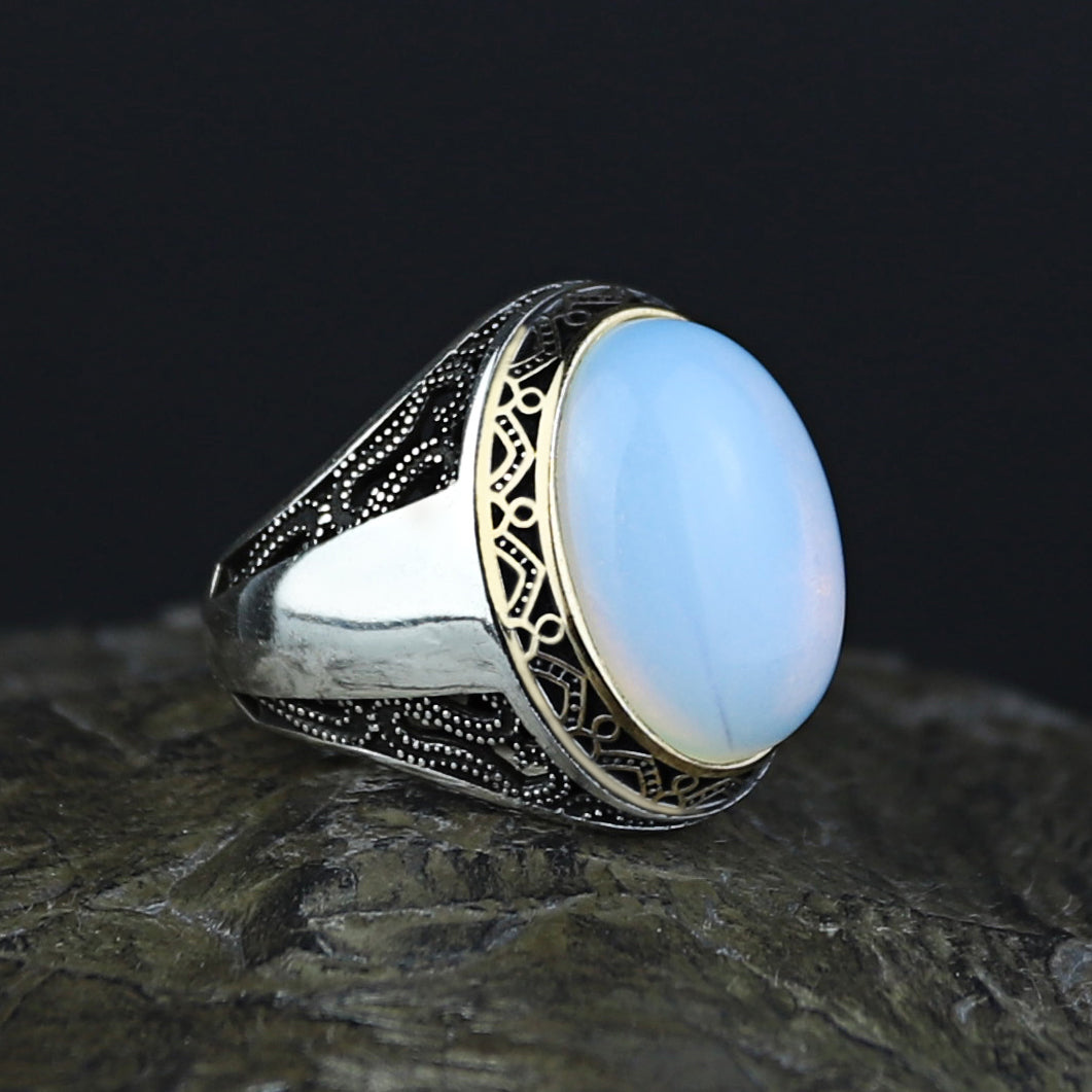 Men Handmade Natural Oval Moonstone Gemstone Turkish Ring