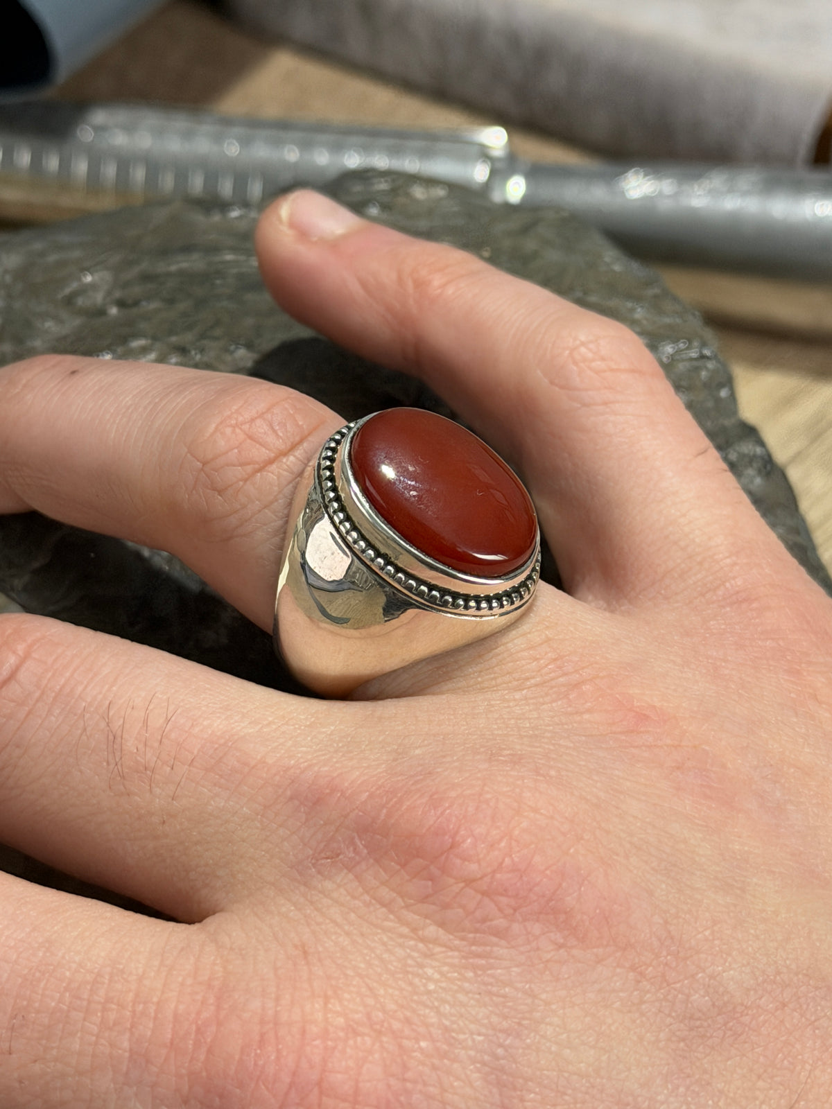 Men Handmade Red Agate Gemstone Classic Ring
