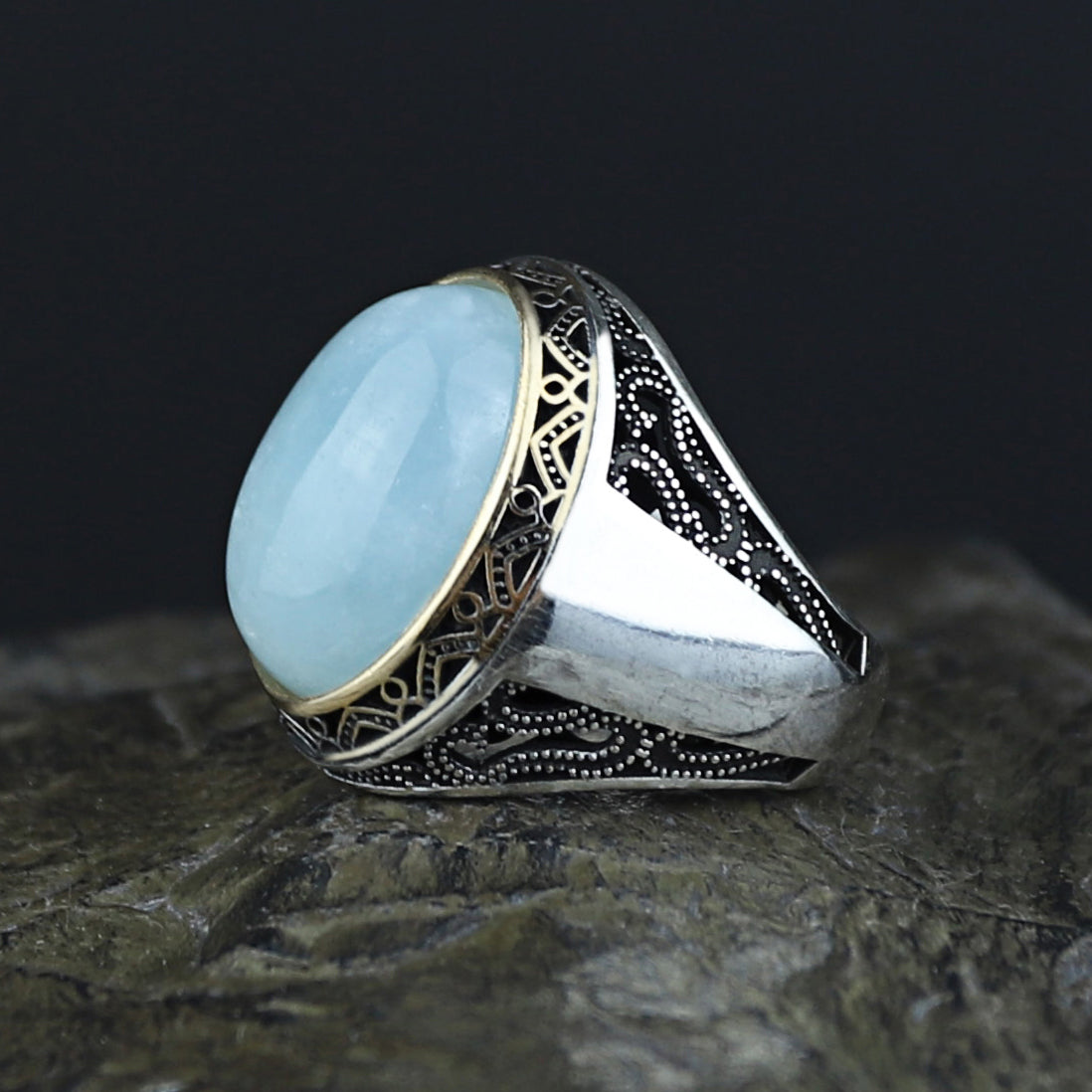 Men Handmade Natural Aquamarine Gemstone Turkish Silver Ring