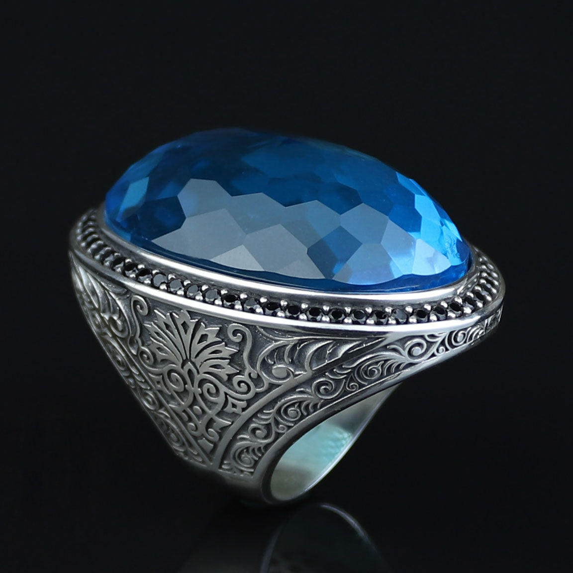 Men Silver Large Aquamarine Stone Ring,Big Man Blue Zircon Stone Ring , Ottoman Style Ring, Turkish Handmade Sterling Silver