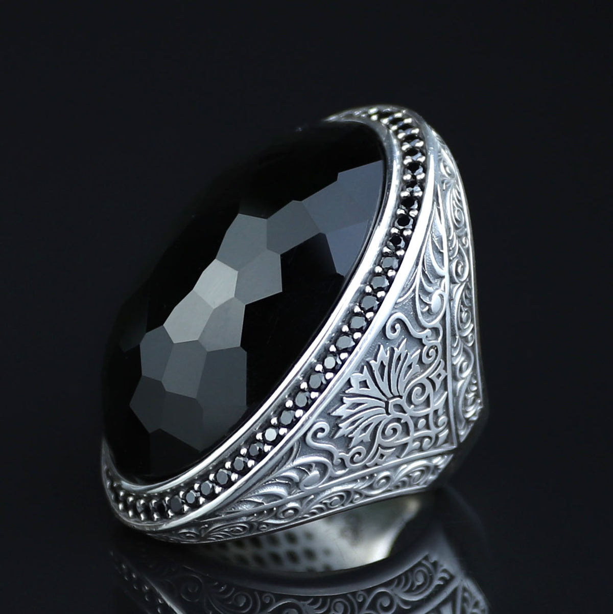 925 Silver Large Emerald Ring , Men Handmade Engraved Ring, Vintage Ottoman Ring, Men Green Stone Ring