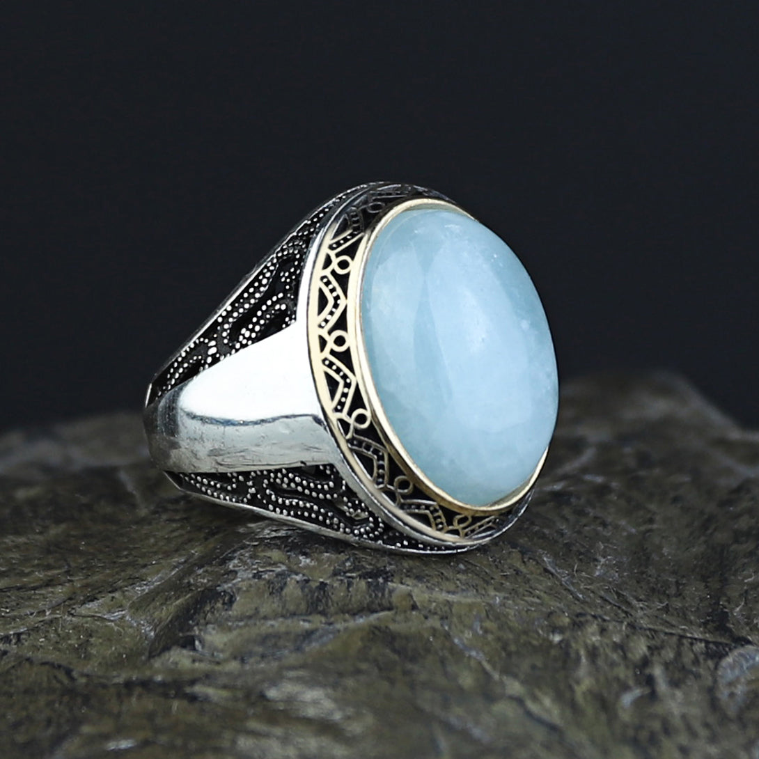 Men Handmade Natural Aquamarine Gemstone Turkish Silver Ring