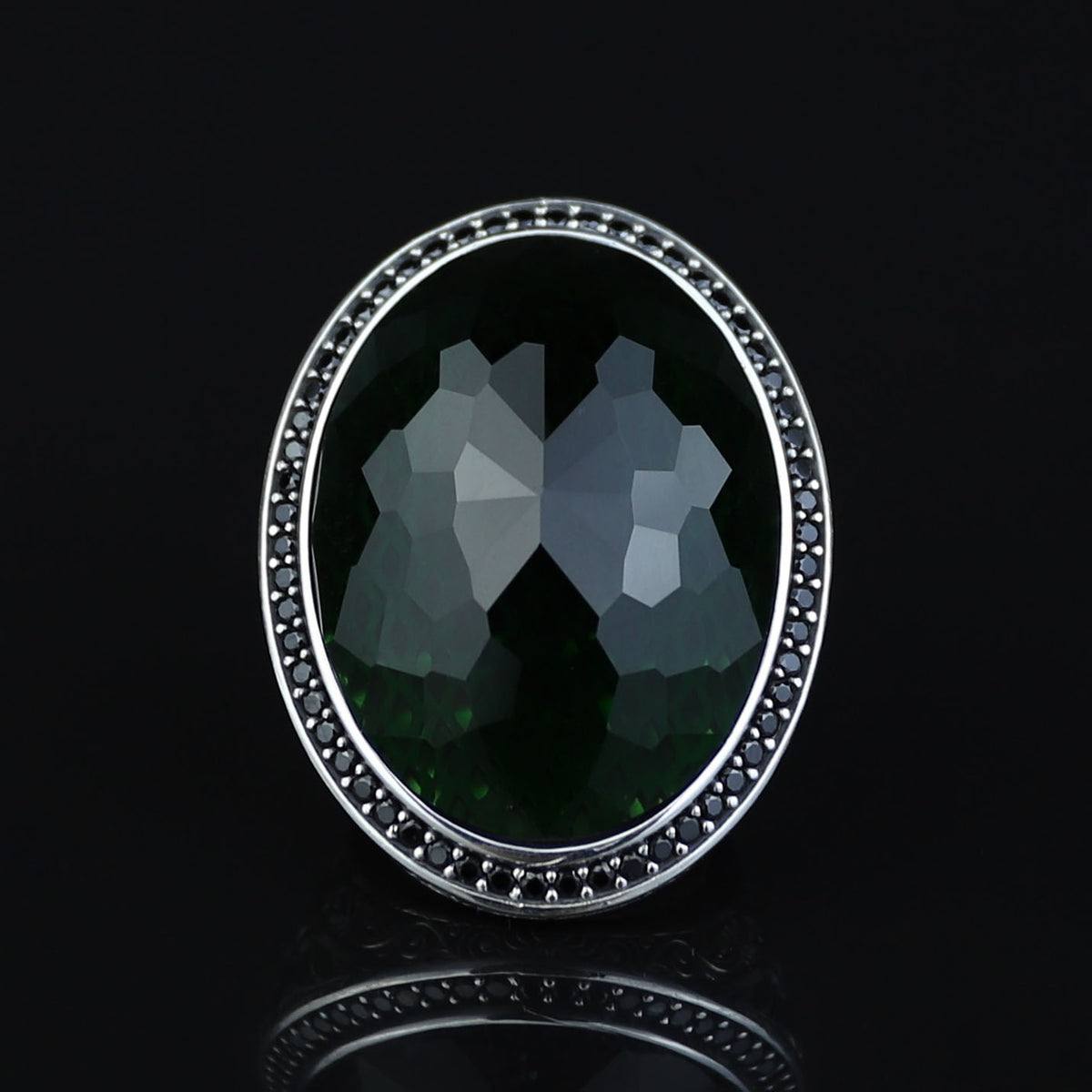 925 Silver Large Emerald Ring , Men Handmade Engraved Ring, Vintage Ottoman Ring, Men Green Stone Ring