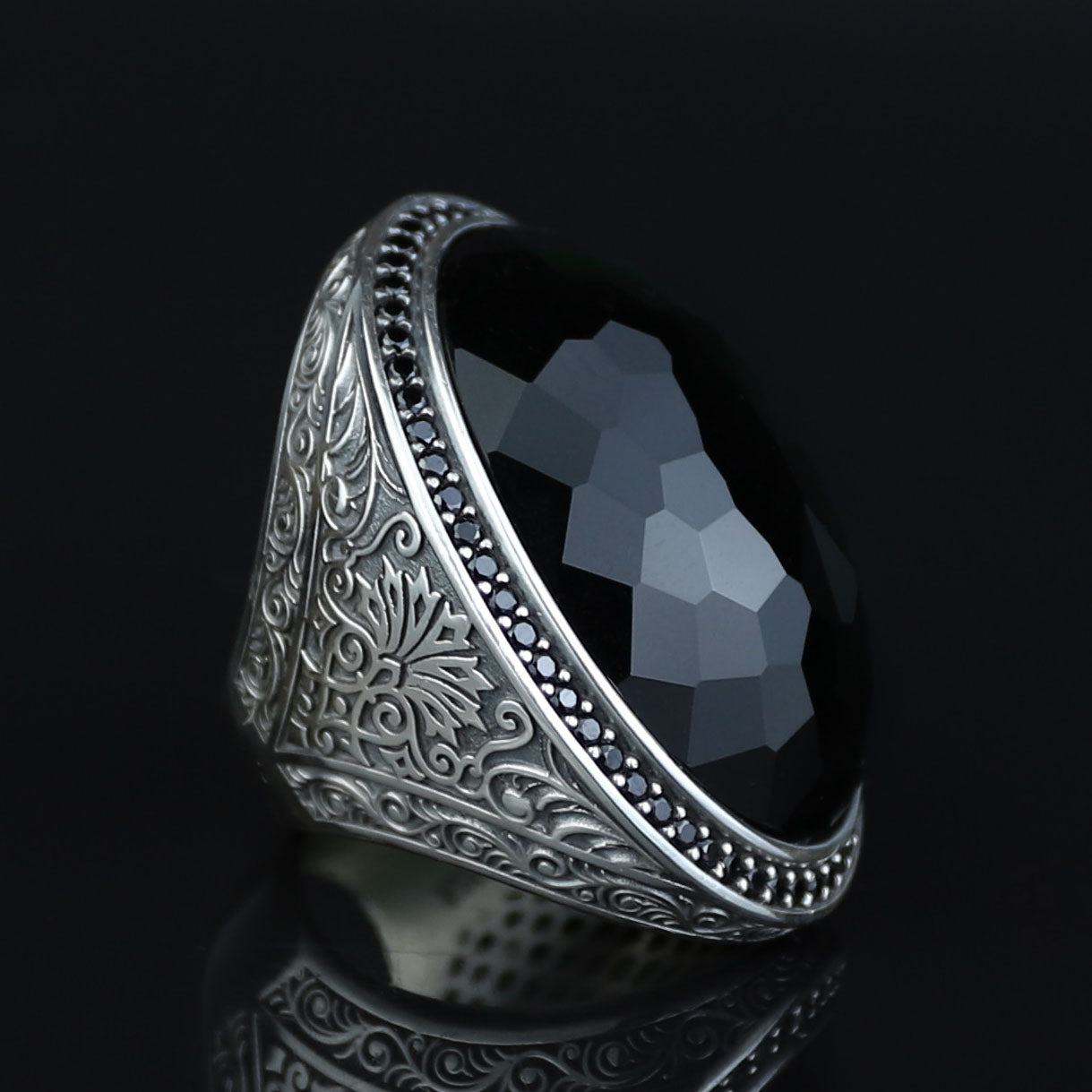 925 Silver Large Emerald Ring , Men Handmade Engraved Ring, Vintage Ottoman Ring, Men Green Stone Ring