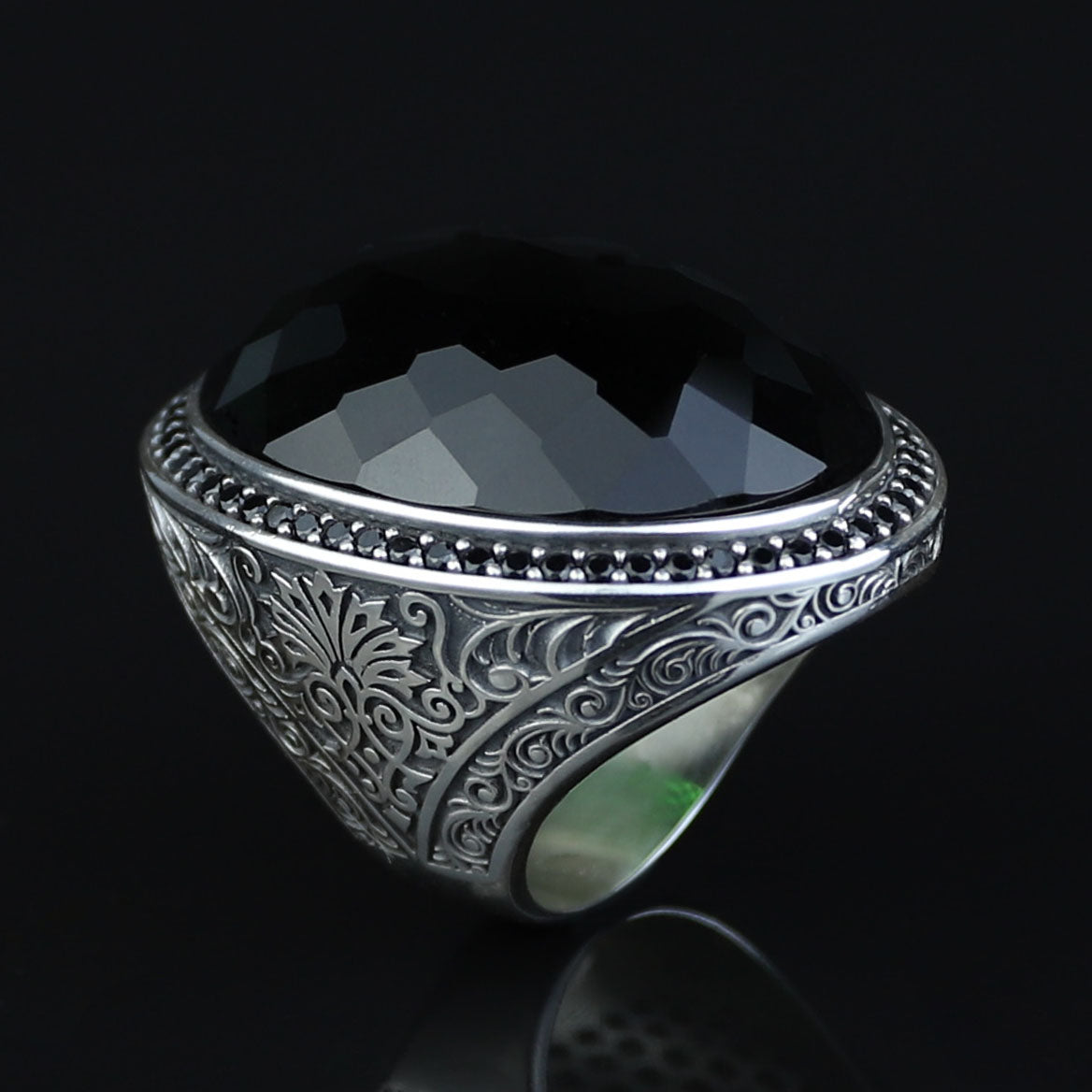925 Silver Large Emerald Ring , Men Handmade Engraved Ring, Vintage Ottoman Ring, Men Green Stone Ring