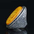 Silver Amber Ring , Baltic Amber Ring , Man Silver Large Amber Stone Ring , Ottoman Style Embroidered Men's Ring