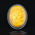 Silver Amber Ring , Baltic Amber Ring , Man Silver Large Amber Stone Ring , Ottoman Style Embroidered Men's Ring