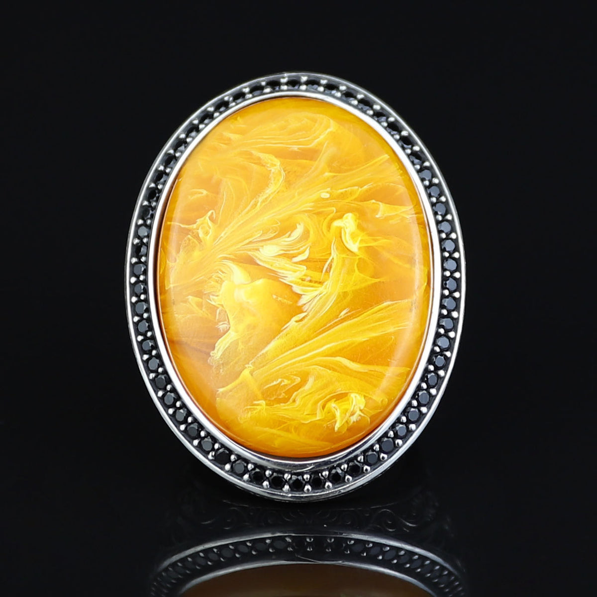 Silver Amber Ring , Baltic Amber Ring , Man Silver Large Amber Stone Ring , Ottoman Style Embroidered Men's Ring