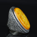 Silver Amber Ring , Baltic Amber Ring , Man Silver Large Amber Stone Ring , Ottoman Style Embroidered Men's Ring