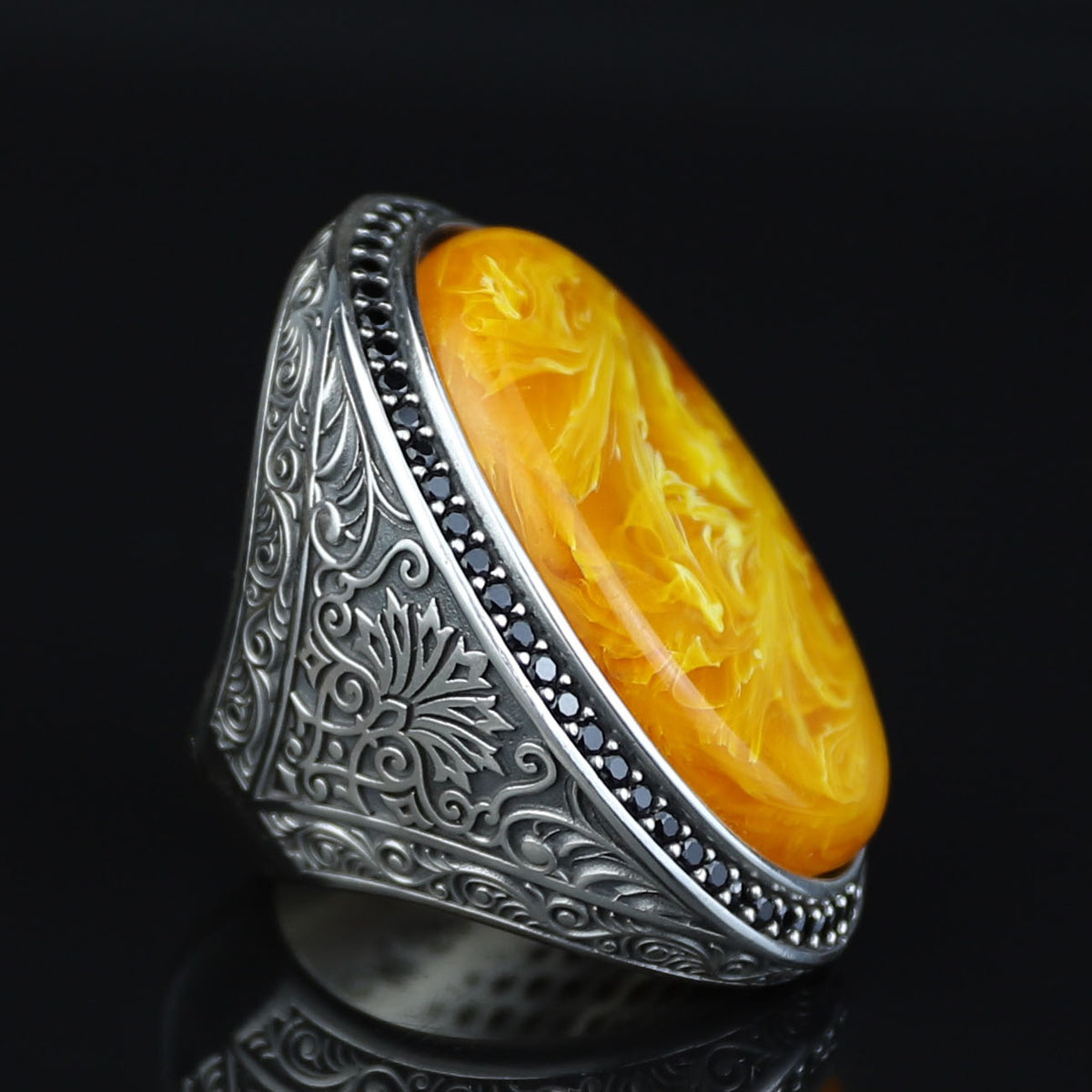 Silver Amber Ring , Baltic Amber Ring , Man Silver Large Amber Stone Ring , Ottoman Style Embroidered Men's Ring
