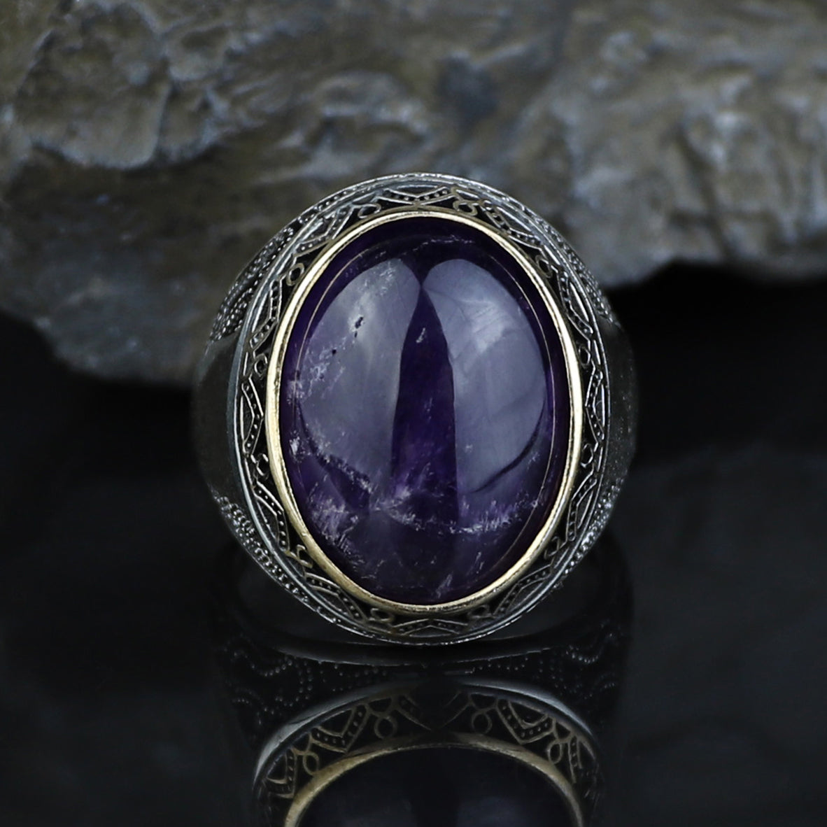 Men Handmade Oval Natural Amethyst Gemstone Handmade Ring