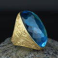 18K Gold Large Aquamarine Men Ring, Handmade Engraved Vintage Ring, Turkish Handmade Blue Gemstone Ring