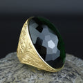 Gold Engraved Large Emerald Ring , Men Hand- Engraved Ring, Vintage Ottoman Ring, Men Green Stone Ring, 925k Sterling Silver Ring