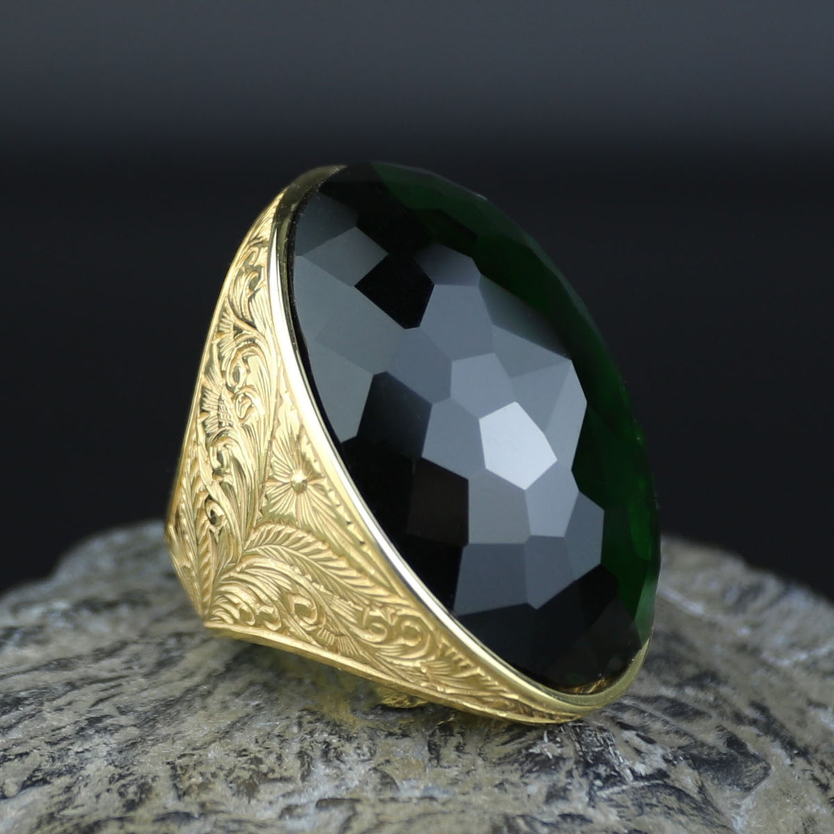 Gold Engraved Large Emerald Ring , Men Hand- Engraved Ring, Vintage Ottoman Ring, Men Green Stone Ring, 925k Sterling Silver Ring