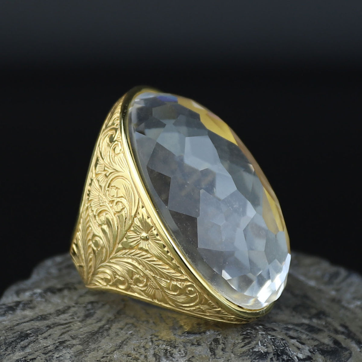 Men 18K Gold Ice Out Diamond Ring, Large Engraved Gemstone Mens Ring, Diamond Ottoman Men Ring, Gift For Men, 925 Sterling Silver