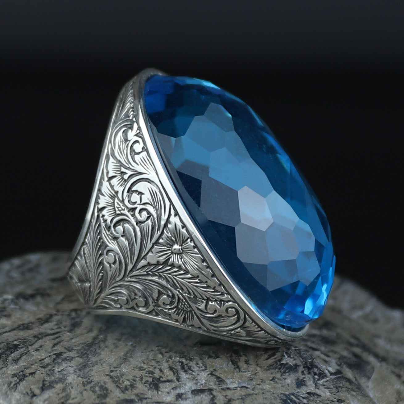 Silver Aquamarine Ring , Large Aquamarine Stone Ring , Great Magnificence Men's Ring