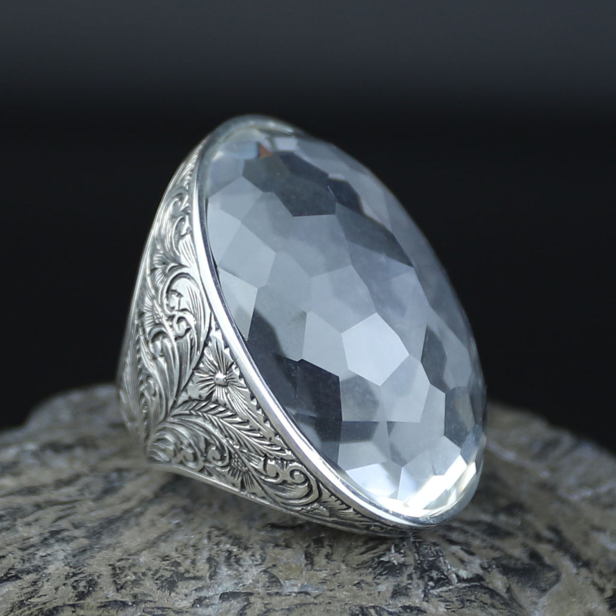Men Large Silver White Diamond Ring, Moissanite Gemstone Men Ring,Silver Vintage Handcrafted Ottoman Men Ring