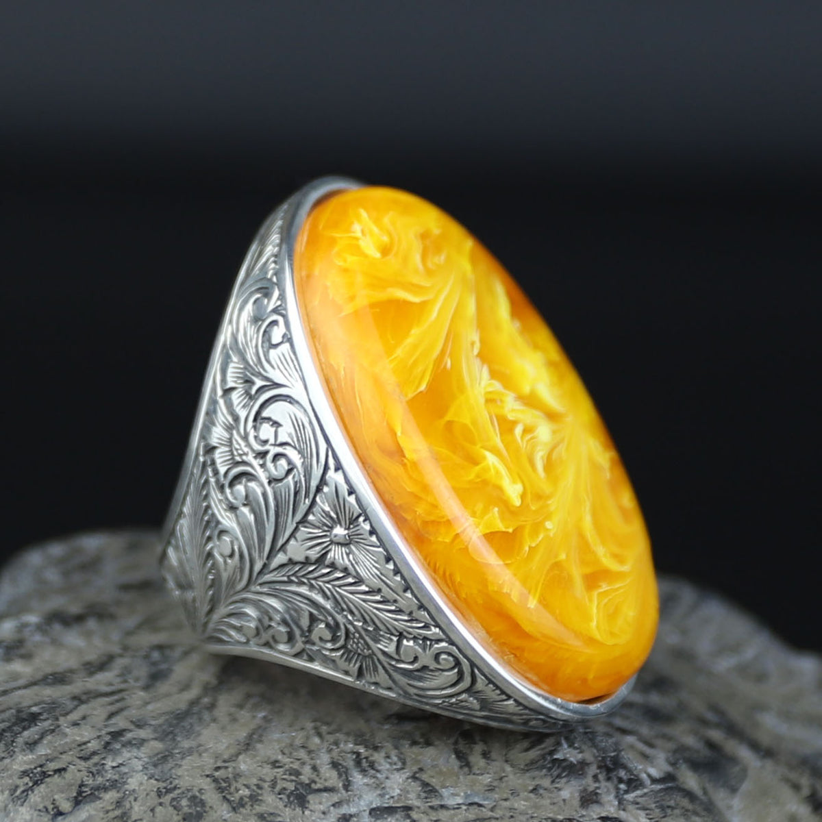 Silver Baltic Amber Ring , Handmade Unisex Large Amber Stone Ring , Turkish Silver Ring , Ottoman Style Embroidered Men's Ring