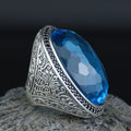 Men Silver Large Aquamarine Stone Ring,Big Man Blue Zircon Stone Ring , Ottoman Style Ring, Turkish Handmade Sterling Silver