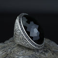 925 Silver Large Emerald Ring , Men Handmade Engraved Ring, Vintage Ottoman Ring, Men Green Stone Ring