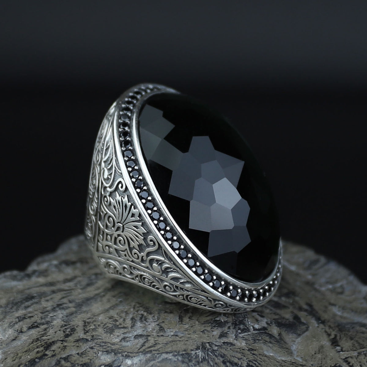 925 Silver Large Emerald Ring , Men Handmade Engraved Ring, Vintage Ottoman Ring, Men Green Stone Ring