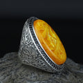 Silver Amber Ring , Baltic Amber Ring , Man Silver Large Amber Stone Ring , Ottoman Style Embroidered Men's Ring