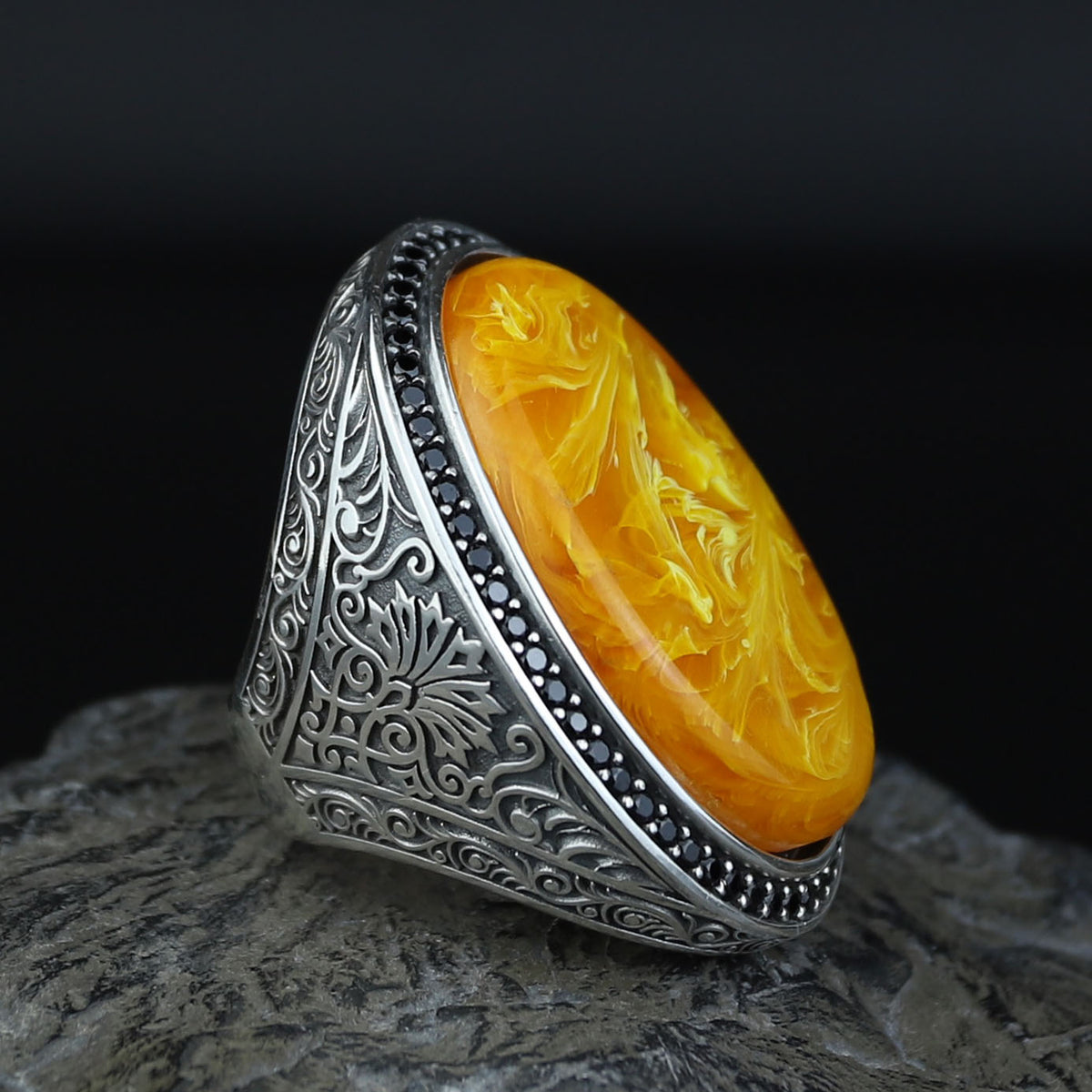 Silver Amber Ring , Baltic Amber Ring , Man Silver Large Amber Stone Ring , Ottoman Style Embroidered Men's Ring
