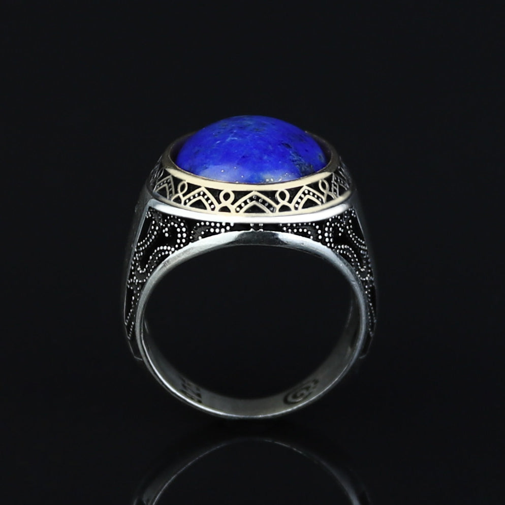 925 Solid Silver Men Oval Natural Lapis Lazuli Ottoman Style Ring