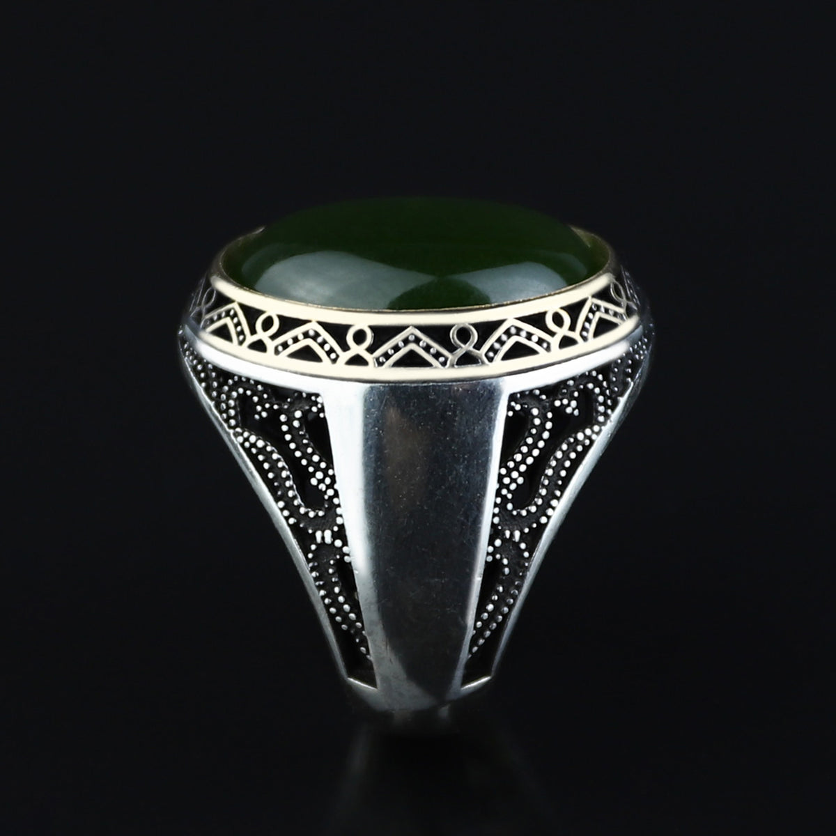 925 Silver Men Turkish Handmade Natural Canadian Green Jade Stone Ring