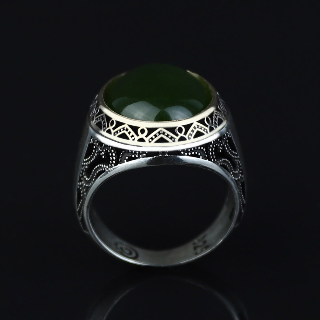 925 Silver Men Turkish Handmade Natural Canadian Green Jade Stone Ring