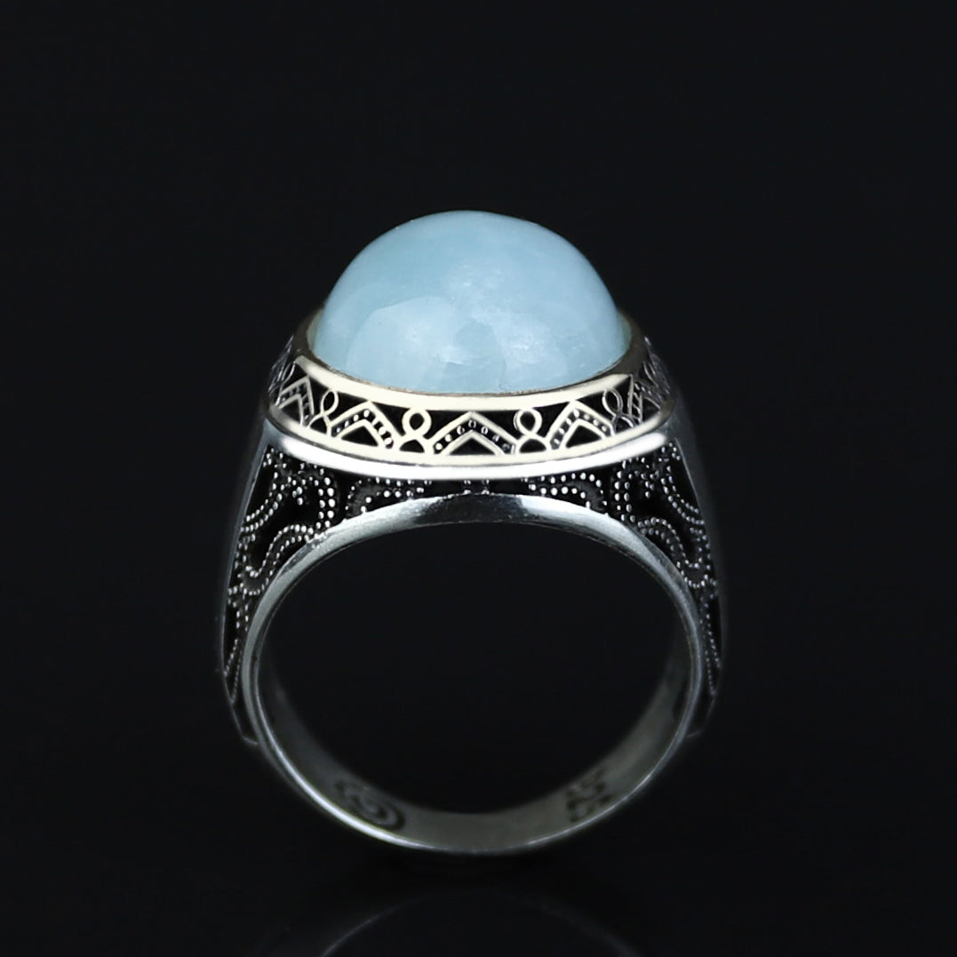 Men Handmade Natural Aquamarine Gemstone Turkish Silver Ring