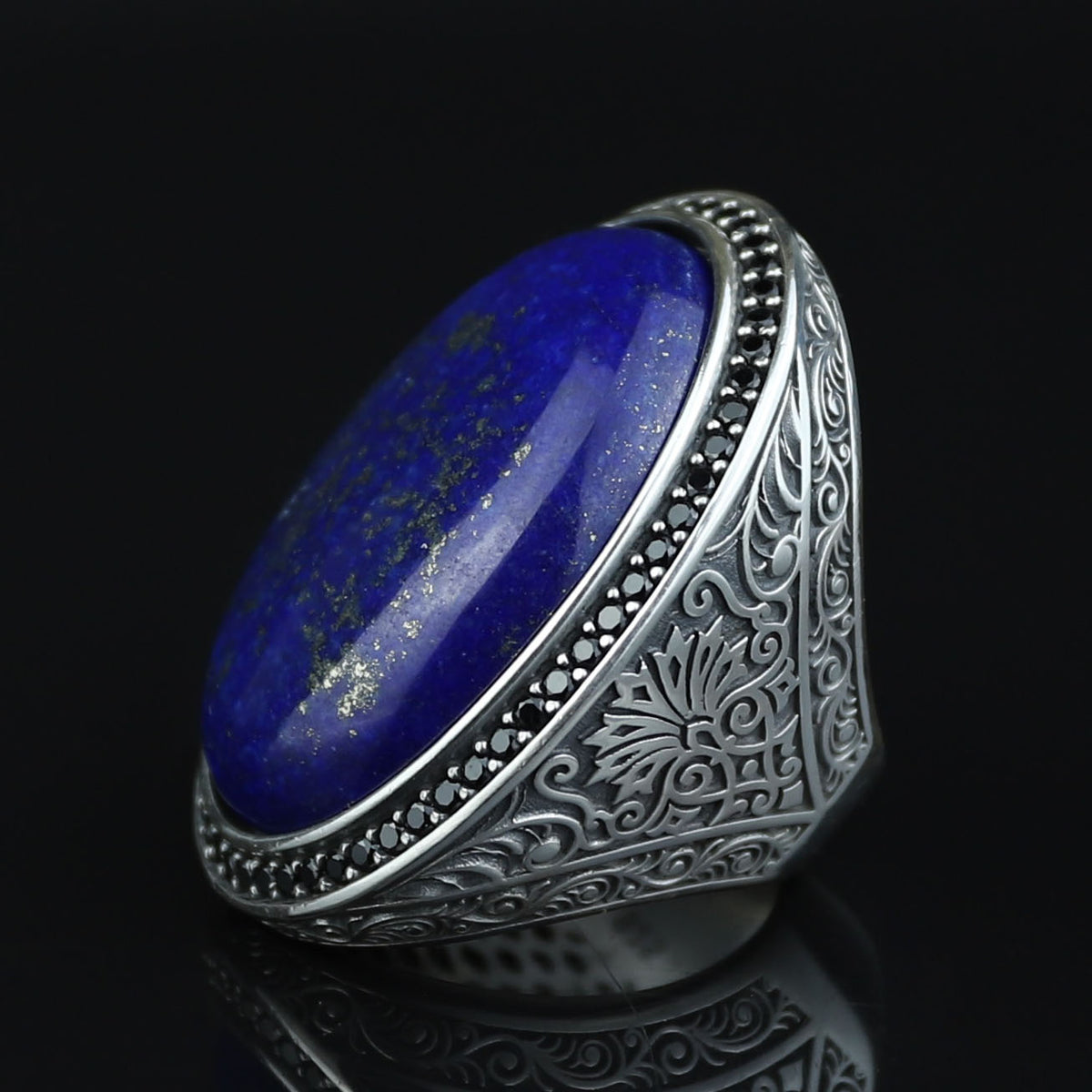 Men Large Natural Lapis Lazuli Ring, Turkish Handmade Lapis Ring , Blue Lapis Lazuli Ring, Ottoman Style Ring , 925k Sterling Silver Ring