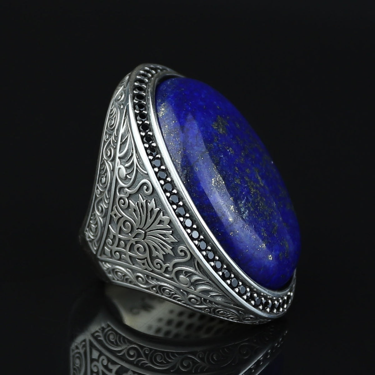 Men Large Natural Lapis Lazuli Ring, Turkish Handmade Lapis Ring , Blue Lapis Lazuli Ring, Ottoman Style Ring , 925k Sterling Silver Ring