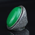 925 Silver Jade Stone Ring, Large Green Jade Stone Ring, Engraved Green Jade Ring, Natural Jade Ottoman Style Ring