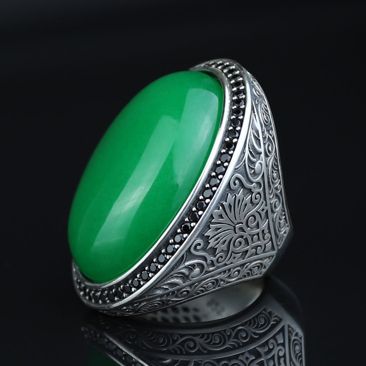 925 Silver Jade Stone Ring, Large Green Jade Stone Ring, Engraved Green Jade Ring, Natural Jade Ottoman Style Ring