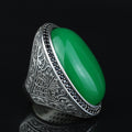 925 Silver Jade Stone Ring, Large Green Jade Stone Ring, Engraved Green Jade Ring, Natural Jade Ottoman Style Ring