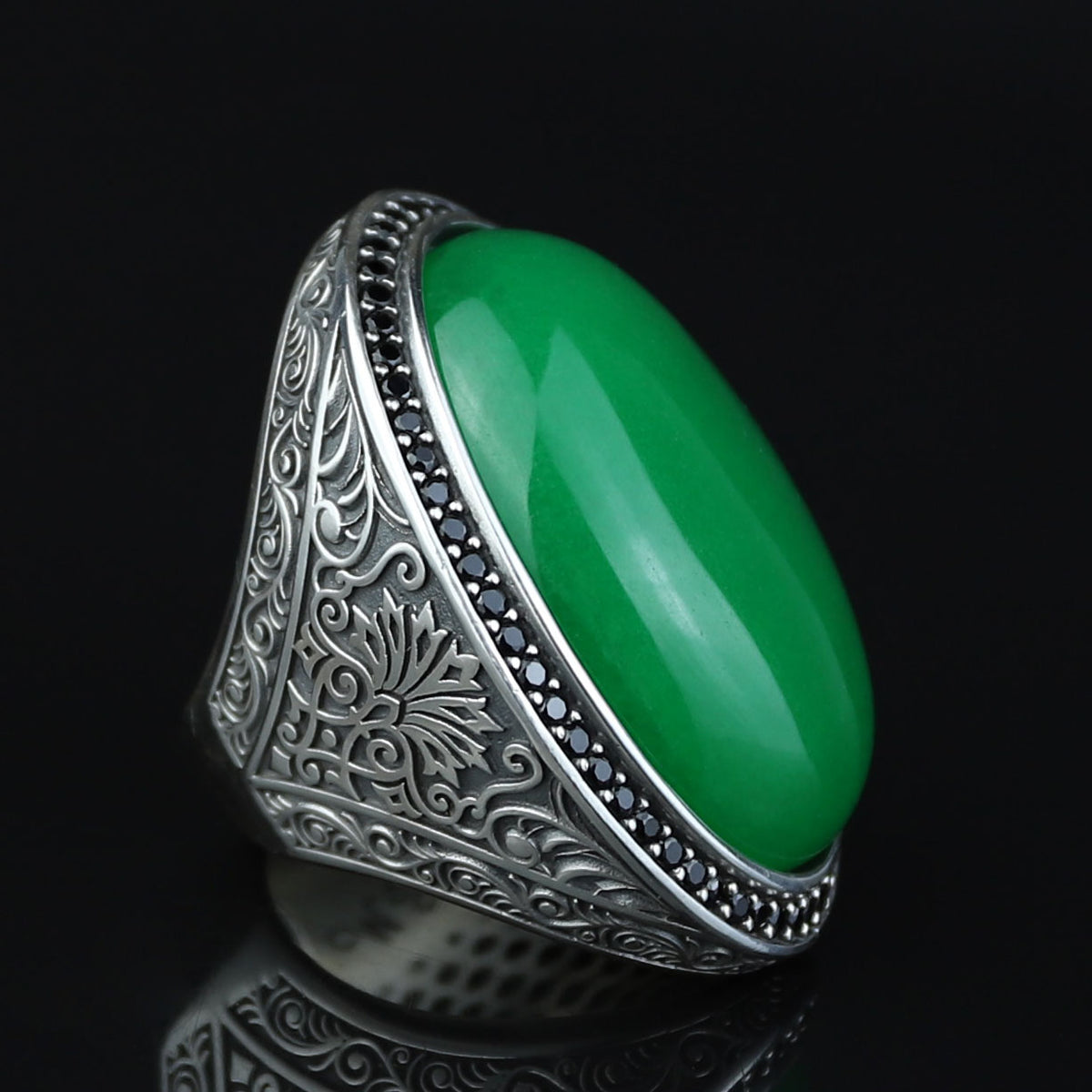 925 Silver Jade Stone Ring, Large Green Jade Stone Ring, Engraved Green Jade Ring, Natural Jade Ottoman Style Ring