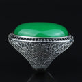 925 Silver Jade Stone Ring, Large Green Jade Stone Ring, Engraved Green Jade Ring, Natural Jade Ottoman Style Ring