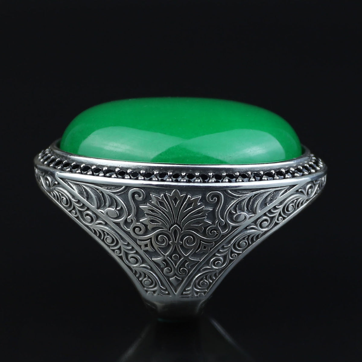 925 Silver Jade Stone Ring, Large Green Jade Stone Ring, Engraved Green Jade Ring, Natural Jade Ottoman Style Ring