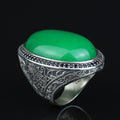 925 Silver Jade Stone Ring, Large Green Jade Stone Ring, Engraved Green Jade Ring, Natural Jade Ottoman Style Ring