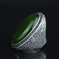 Men Silver Jade Stone Ring, Ottoman Style Engraved Large Ring, Big Silver Jade Stone Ring