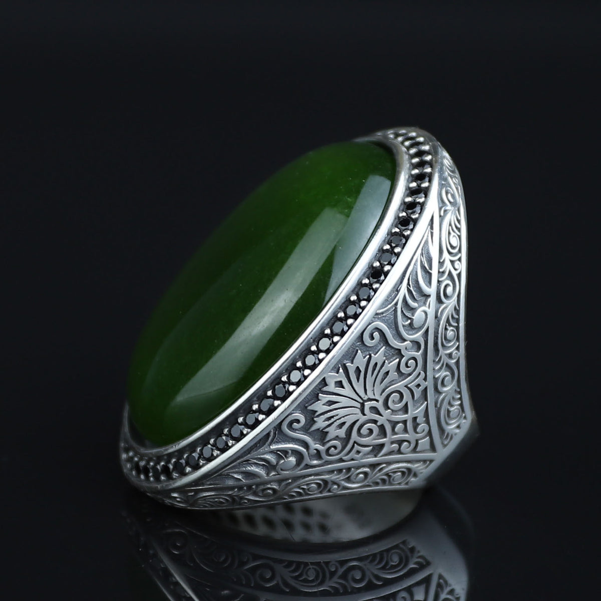Men Silver Jade Stone Ring, Ottoman Style Engraved Large Ring, Big Silver Jade Stone Ring