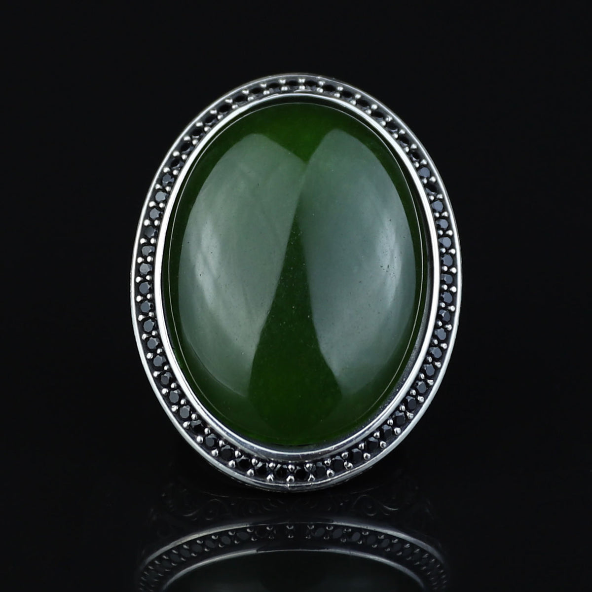 Men Silver Jade Stone Ring, Ottoman Style Engraved Large Ring, Big Silver Jade Stone Ring
