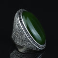 Men Silver Jade Stone Ring, Ottoman Style Engraved Large Ring, Big Silver Jade Stone Ring